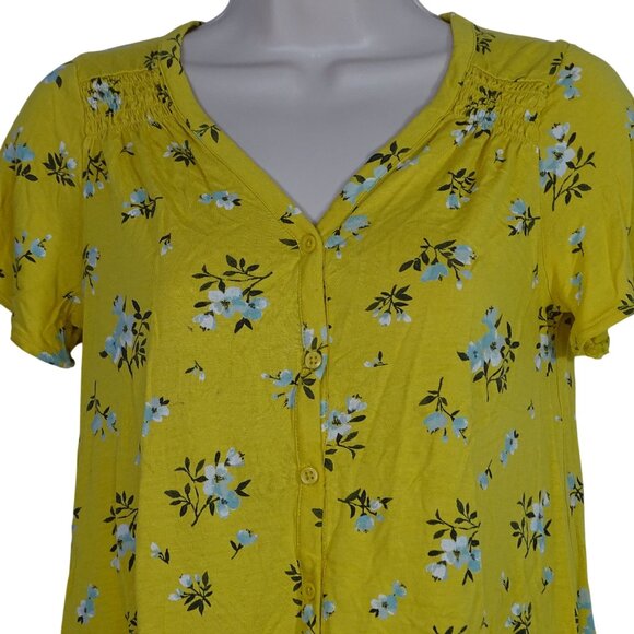 Old Navy Yellow Floral Button Up Short Sleeve Top Women Size XS Jersey Knit - Picture 2 of 8